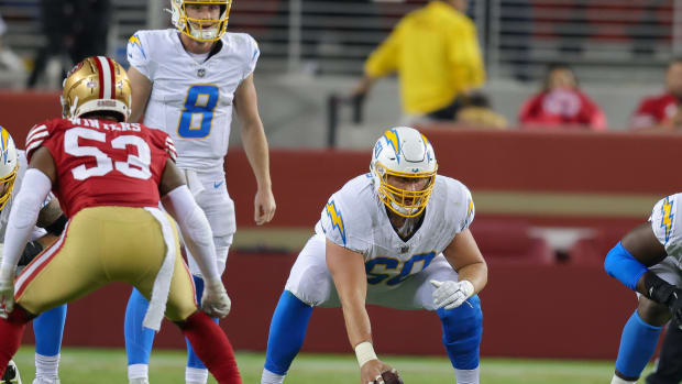 Aug 25, 2023; Santa Clara, California, USA; Los Angeles Chargers center Isaac Weaver (60) during the game against the San Francisco 49ers at Levi's Stadium. Mandatory Credit: Sergio Estrada-USA TODAY Sports  